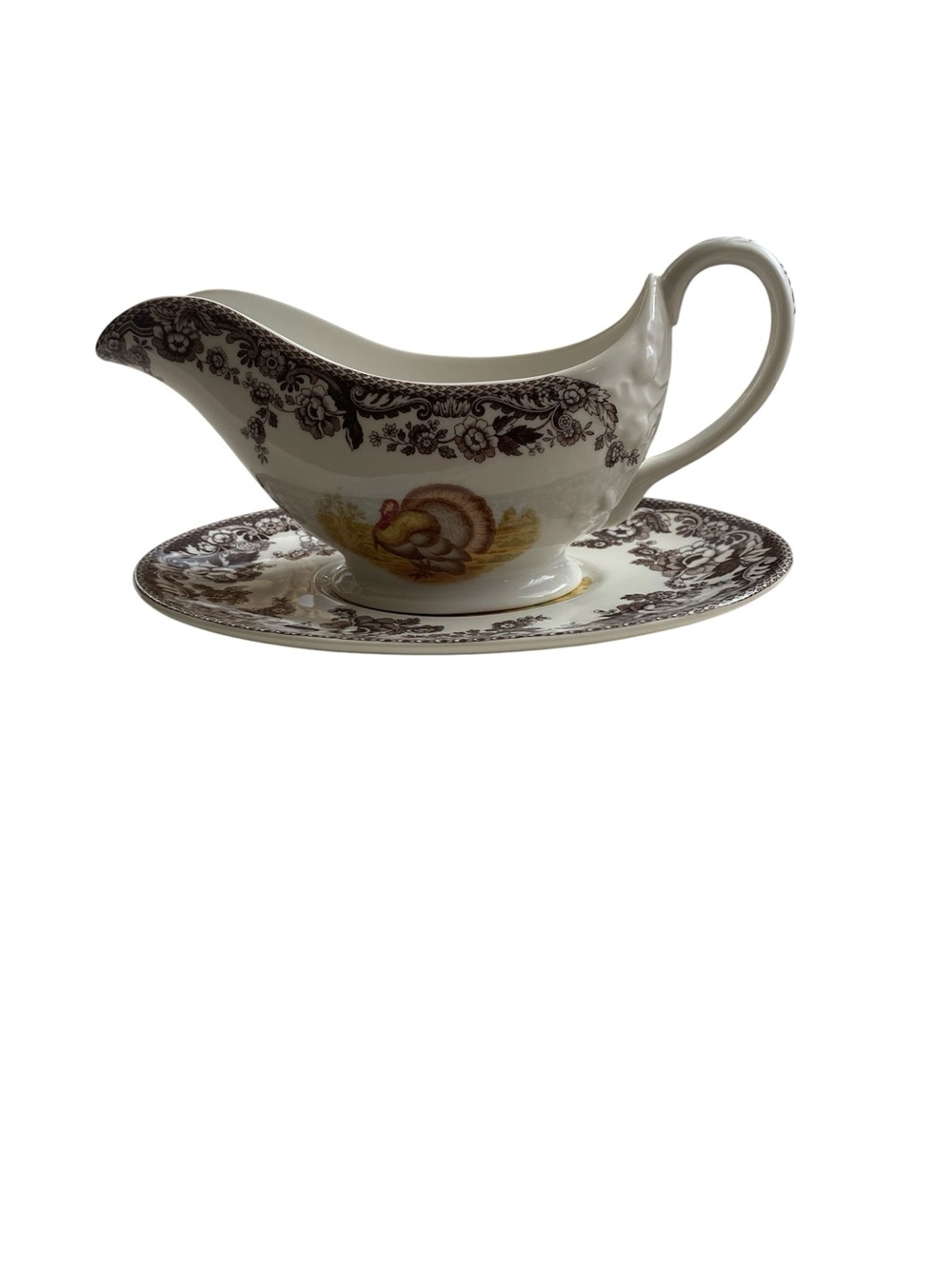 Spode Brown and Cream Turkey Motif Gravy Boat with Underplate